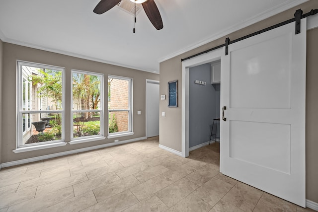 4322 Shady Springs Dr, Pasadena, TX 77586 - unfurnished room with a barn door, ceiling fan, ornamental molding, and baseboards