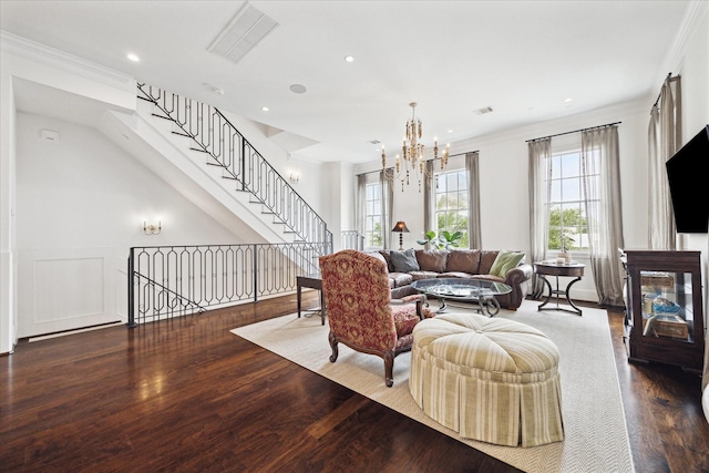 216 Morningside Park St, Houston, TX 77024 - living area featuring wood finished floors, ornamental molding, a chandelier, recessed lighting, and stairs