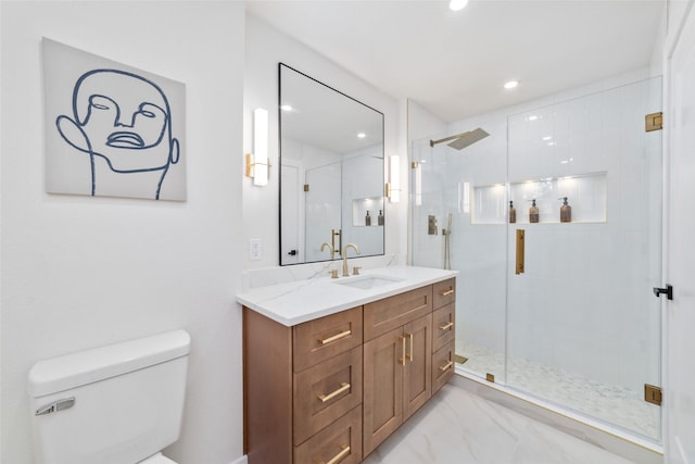 2618 Pine Village Dr, Houston, TX 77080 - bathroom featuring toilet, vanity, recessed lighting, a shower stall, and marble finish flooring