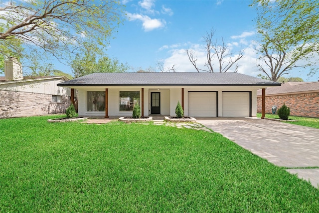 2618 Pine Village Dr, Houston, TX 77080 - ranch-style home with an attached garage, driveway, a front lawn, and a shingled roof