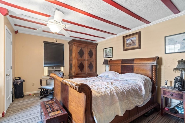24027 Spears Cir, New Caney, TX 77357 - bedroom featuring crown molding, cooling unit, carpet, a textured ceiling, and baseboards