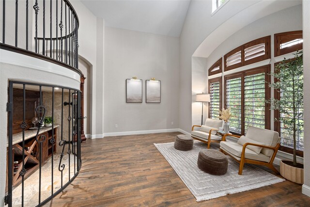 11 Bees Creek Ct, Missouri City, TX 77459 - sitting room featuring high vaulted ceiling, wood finished floors, baseboards, and arched walkways