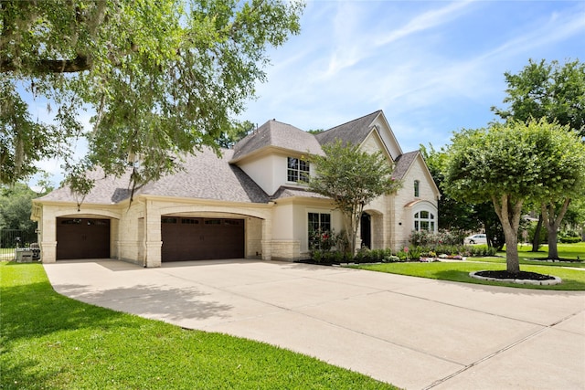 11 Bees Creek Ct, Missouri City, TX 77459 - french country style house with driveway, an attached garage, a front lawn, roof with shingles, and stone siding