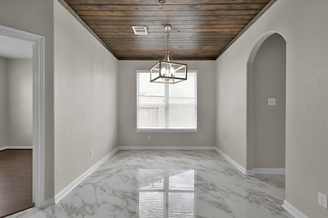 30507 Woodson Trace Dr, Spring, TX 77386 - unfurnished dining area featuring marble finish floors, wooden ceiling, arched walkways, baseboards, and a chandelier