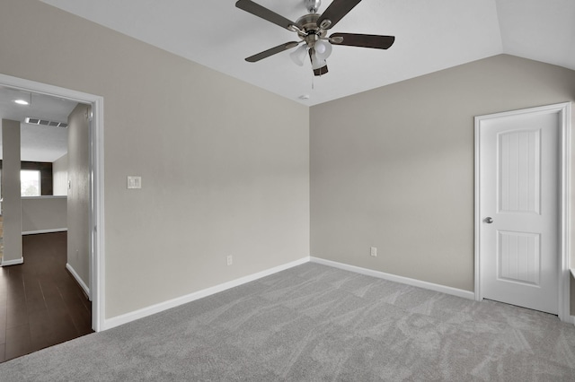 30507 Woodson Trace Dr, Spring, TX 77386 - unfurnished room featuring a ceiling fan, baseboards, vaulted ceiling, and carpet flooring