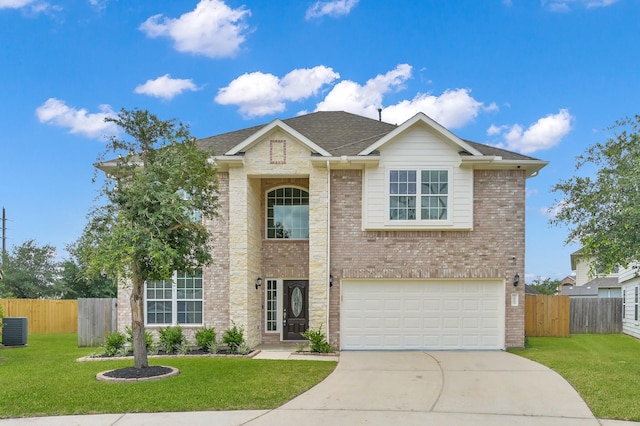 30507 Woodson Trace Dr, Spring, TX 77386 - traditional-style home featuring an attached garage, concrete driveway, brick siding, cooling unit, and a shingled roof
