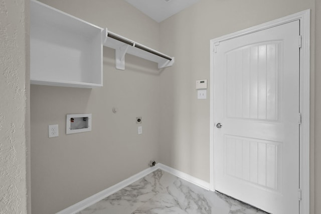 30507 Woodson Trace Dr, Spring, TX 77386 - laundry room featuring light marble finish flooring, hookup for a washing machine, electric dryer hookup, baseboards, and hookup for a gas dryer
