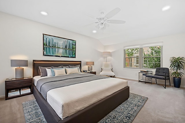 5859 Doliver Dr Unit 14, Houston, TX 77057 - bedroom with baseboards, light colored carpet, ceiling fan, recessed lighting, and vaulted ceiling