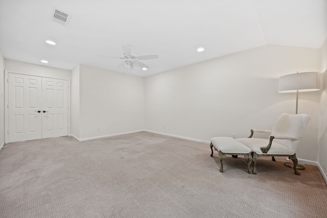 5859 Doliver Dr Unit 14, Houston, TX 77057 - living area featuring ceiling fan, baseboards, recessed lighting, light carpet, and vaulted ceiling