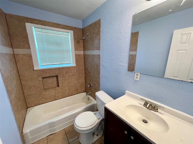 3707 Rosemont St, Houston, TX 77051 - bathroom with toilet, bathtub / shower combination, vanity, a textured wall, and tile patterned floors