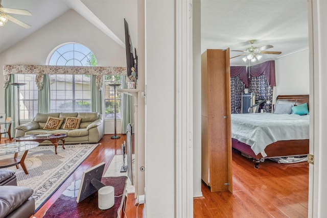 23207 Greenrush Dr, Katy, TX 77494 - living room with ceiling fan, wood finished floors, and lofted ceiling
