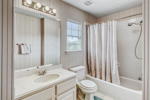 23207 Greenrush Dr, Katy, TX 77494 - bathroom featuring wallpapered walls, vanity, toilet, and shower / bath combination with curtain