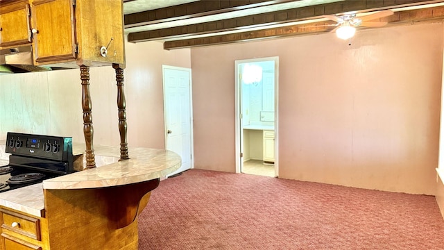 430 Hooks Rd, Livingston, TX 77351 - kitchen featuring black electric range, brown cabinetry, a ceiling fan, under cabinet range hood, and beam ceiling