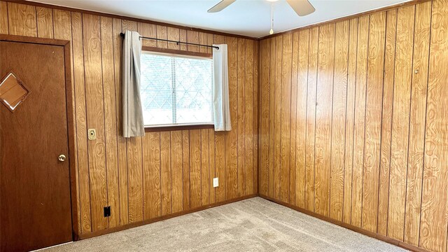 430 Hooks Rd, Livingston, TX 77351 - spare room with carpet, a ceiling fan, and wood walls