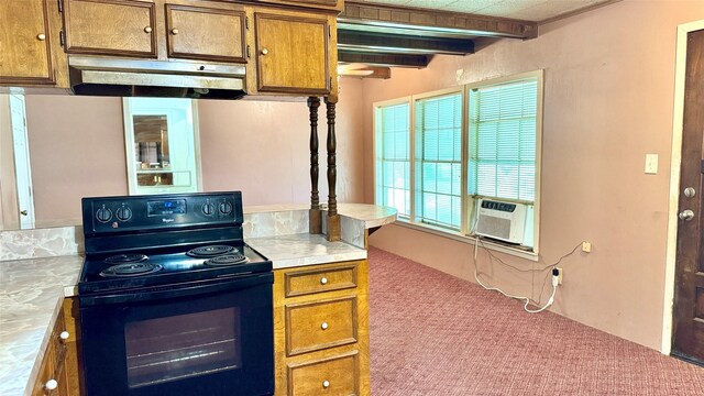 430 Hooks Rd, Livingston, TX 77351 - kitchen featuring black / electric stove, brown cabinetry, light countertops, cooling unit, and beamed ceiling