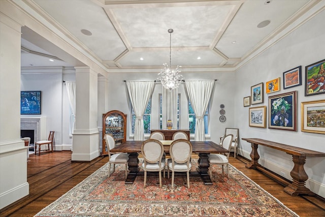 1647 Bissonnet St, Houston, TX 77005 - dining space featuring a chandelier, hardwood / wood-style floors, coffered ceiling, crown molding, and a fireplace