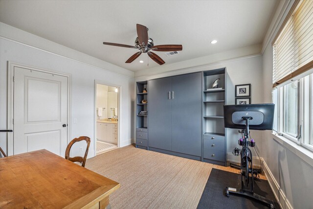 1647 Bissonnet St, Houston, TX 77005 - workout area with a ceiling fan, plenty of natural light, carpet, baseboards, and recessed lighting