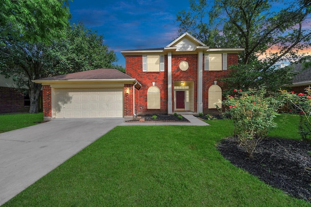 4907 Heritage Plains Dr, Friendswood, TX 77546 - greek revival house featuring a garage, driveway, a front yard, and brick siding