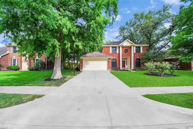 4907 Heritage Plains Dr, Friendswood, TX 77546 - neoclassical home with brick siding, an attached garage, driveway, and a front lawn