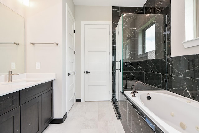 208 Silverleaf Rd, Sweeny, TX 77480 - bathroom featuring a stall shower, a jetted tub, and vanity