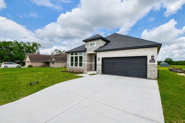 208 Silverleaf Rd, Sweeny, TX 77480 - view of front of house featuring stone siding, a front yard, a shingled roof, and an attached garage