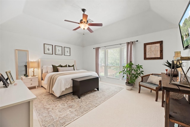7818 Palm Brook Ct, Houston, TX 77095 - bedroom with light carpet, lofted ceiling, and a ceiling fan