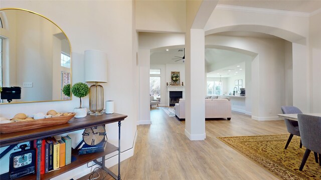 28511 E Benders Landing Blvd, Spring, TX 77386 - hall featuring light wood-style flooring, plenty of natural light, arched walkways, crown molding, and baseboards