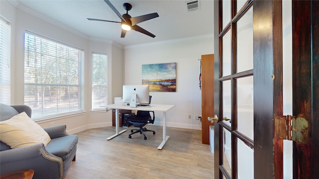 28511 E Benders Landing Blvd, Spring, TX 77386 - office space with light wood-style flooring, baseboards, crown molding, a ceiling fan, and french doors