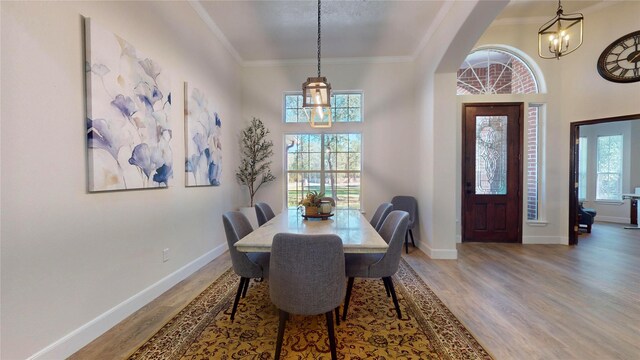 28511 E Benders Landing Blvd, Spring, TX 77386 - dining room with wood finished floors, a chandelier, baseboards, and ornamental molding