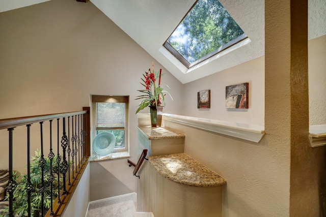 322 Sugarberry Cir, Houston, TX 77024 - stairs with a skylight, carpet floors, vaulted ceiling, baseboards, and a textured wall