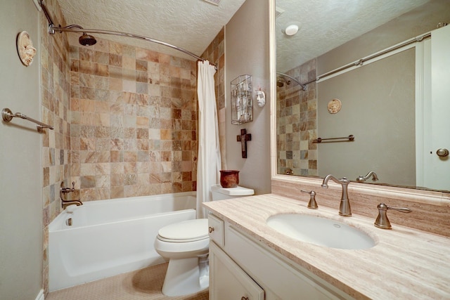 322 Sugarberry Cir, Houston, TX 77024 - bathroom with a textured ceiling, shower / bath combo with shower curtain, toilet, vanity, and tile patterned flooring