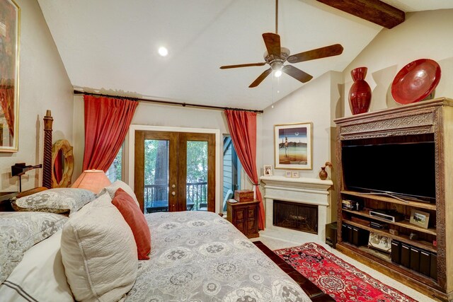 322 Sugarberry Cir, Houston, TX 77024 - bedroom with french doors, access to outside, a fireplace, recessed lighting, and a ceiling fan
