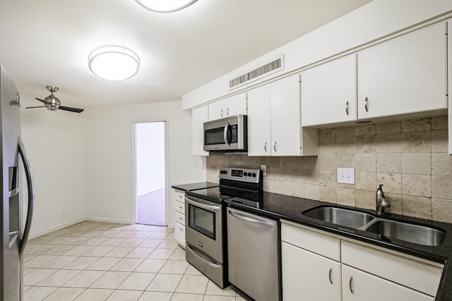 5050 Woodway Dr Unit 3M, Houston, TX 77056 - kitchen with stainless steel appliances, a sink, decorative backsplash, white cabinetry, and dark countertops