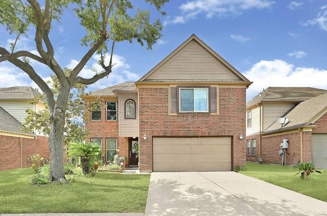 15133 Elstree Dr, Channelview, TX 77530 - traditional home with driveway, an attached garage, a front yard, and brick siding
