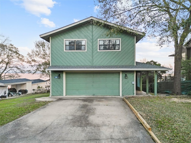 283 Sam Loop, Houston Loop, Point Blank, TX 77364 - view of front of house with an attached garage, driveway, a front yard, and roof with shingles