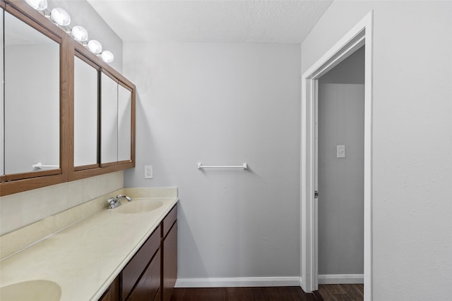 283 Sam Loop, Houston Loop, Point Blank, TX 77364 - bathroom featuring double vanity, wood finished floors, baseboards, and a textured ceiling