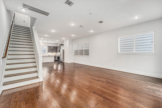 1266 N Post Oak Rd Unit B, Houston, TX 77055 - unfurnished living room with dark wood-type flooring, stairway, and recessed lighting