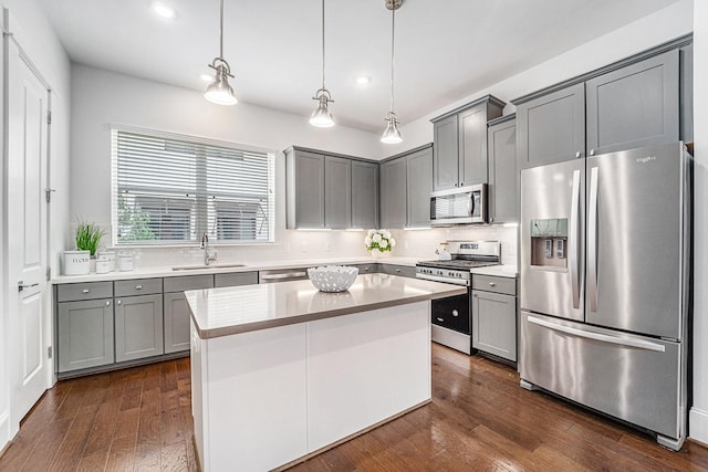 1266 N Post Oak Rd Unit B, Houston, TX 77055 - kitchen featuring appliances with stainless steel finishes, gray cabinetry, recessed lighting, dark wood-style floors, and backsplash