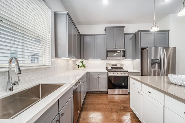 1266 N Post Oak Rd Unit B, Houston, TX 77055 - kitchen with stainless steel appliances, gray cabinetry, backsplash, dark wood-style flooring, and light countertops