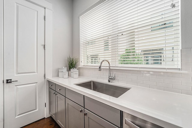 1266 N Post Oak Rd Unit B, Houston, TX 77055 - kitchen featuring gray cabinets, light countertops, dark wood-style flooring, and backsplash