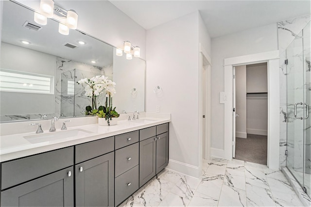 1266 N Post Oak Rd Unit B, Houston, TX 77055 - full bathroom featuring a marble finish shower, double vanity, marble finish flooring, and recessed lighting