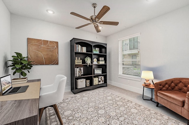 1266 N Post Oak Rd Unit B, Houston, TX 77055 - home office featuring a ceiling fan, carpet floors, and recessed lighting