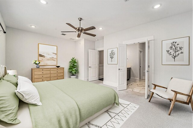 1266 N Post Oak Rd Unit B, Houston, TX 77055 - bedroom with recessed lighting, ceiling fan, and ensuite bathroom