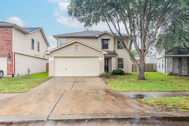 21106 Scenic Bluff Ln, Humble, TX 77338 - traditional-style home featuring brick siding, a front yard, concrete driveway, and an attached garage