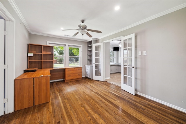 4301 Ascot Ln, Houston, TX 77092 - unfurnished office with french doors, dark wood-style flooring, crown molding, ceiling fan, and baseboards