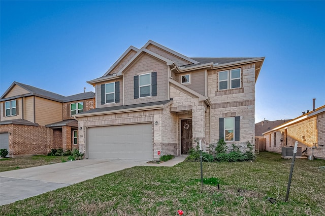 7106 Escondido Dr, Rosharon, TX 77583 - view of front of house with an attached garage, stone siding, concrete driveway, and central AC
