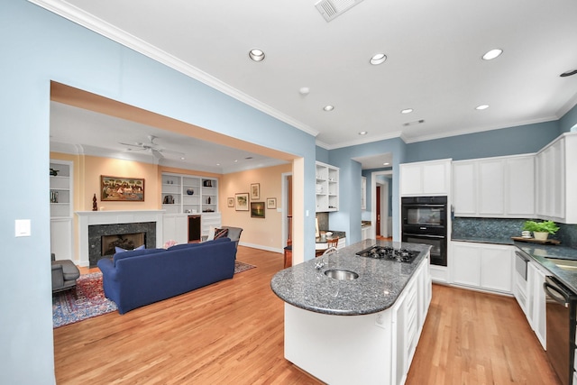 3820 Purdue St, Houston, TX 77005 - kitchen with a fireplace, appliances with stainless steel finishes, a ceiling fan, light wood-style floors, and white cabinetry