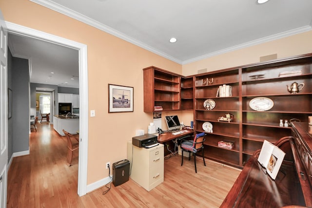 3820 Purdue St, Houston, TX 77005 - office area with light wood-style flooring, ornamental molding, recessed lighting, and baseboards