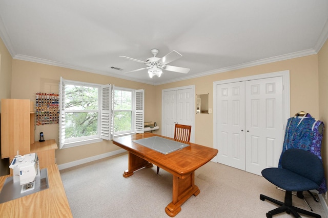 3820 Purdue St, Houston, TX 77005 - carpeted office space with a ceiling fan, crown molding, and baseboards