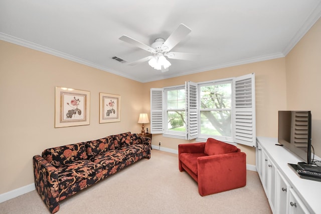 3820 Purdue St, Houston, TX 77005 - living room featuring crown molding, light carpet, ceiling fan, and baseboards